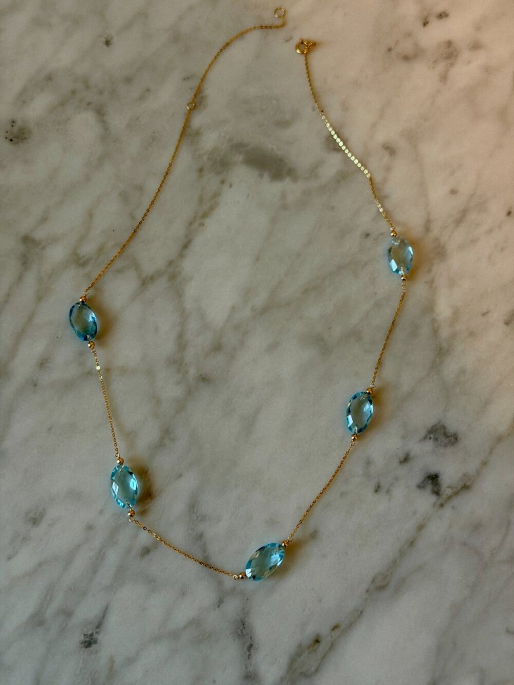 14K Gold Blue Topaz Station Necklace – 5 Oval Stones. 3.13grams –Hallmarked 585